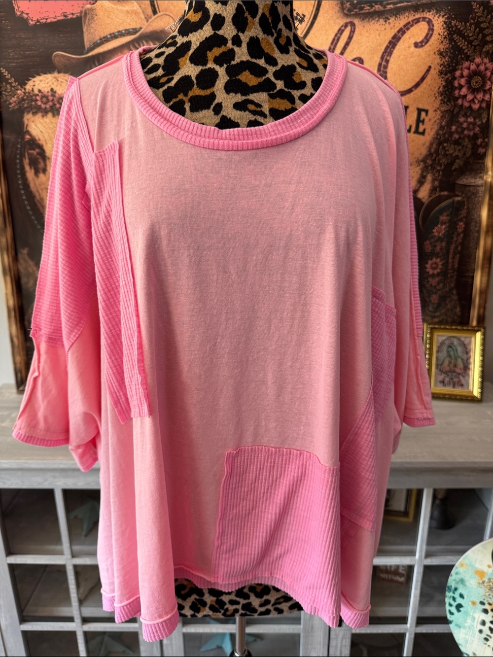 POL Pink Patchwork Drop-Shoulder Women's Top Sz M